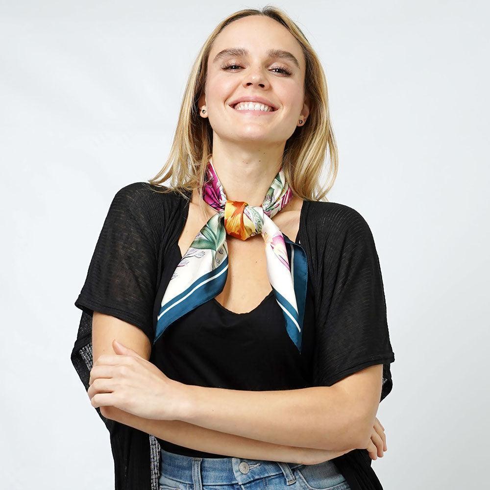 Teal Flower Print Satin Square Scarf - Jewelry Store by Erik Rayo