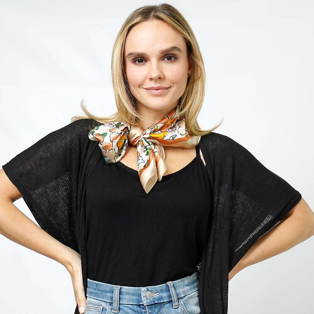 Beige Flower Print Satin Square Scarf - Jewelry Store by Erik Rayo