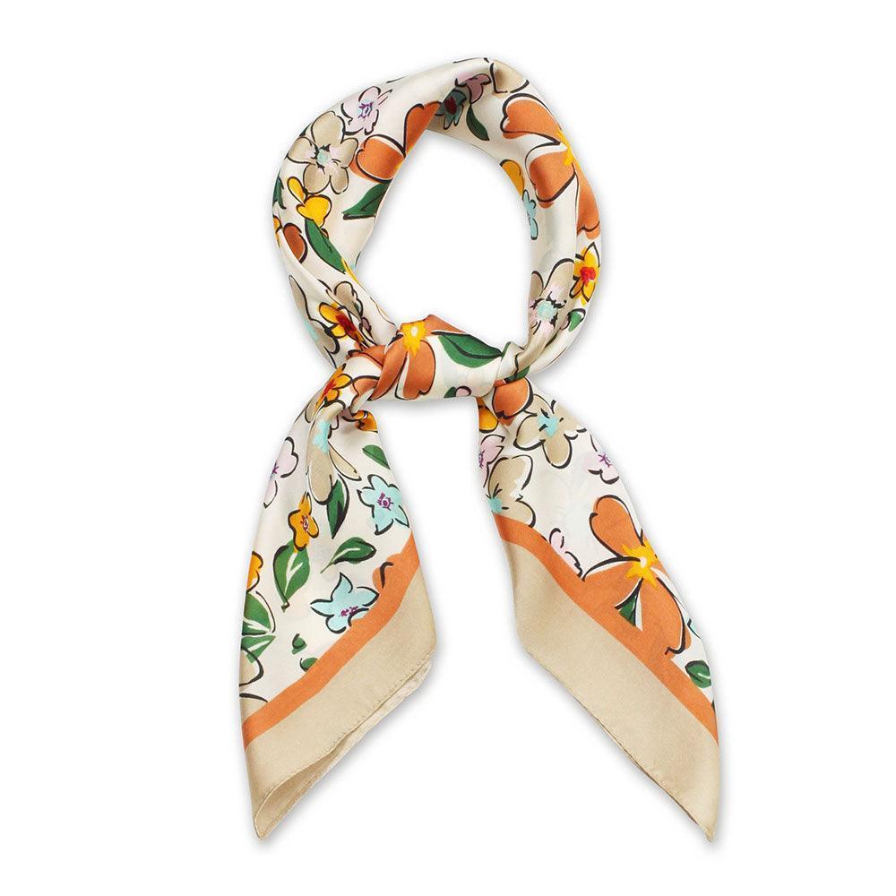 Beige Flower Print Satin Square Scarf - Jewelry Store by Erik Rayo