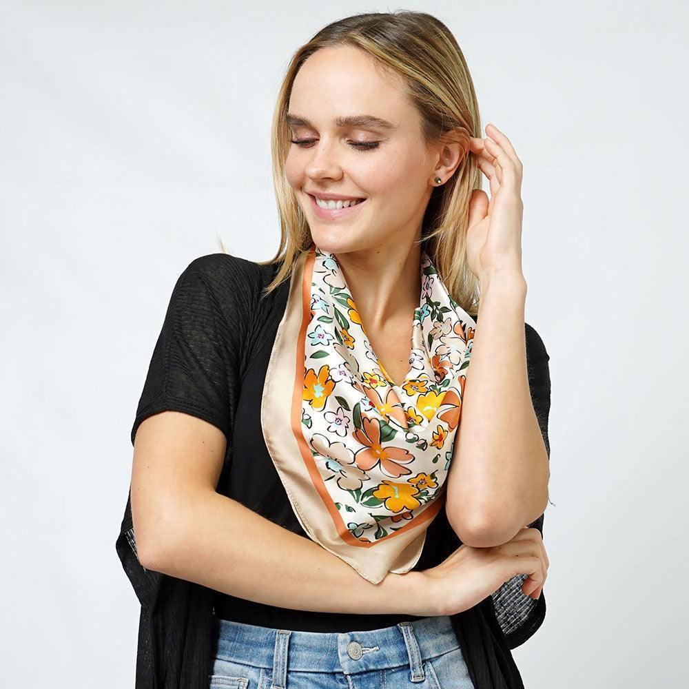 Beige Flower Print Satin Square Scarf - Jewelry Store by Erik Rayo