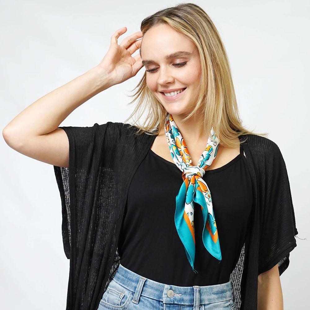 Turquoise Flower Print Satin Square Scarf - Jewelry Store by Erik Rayo