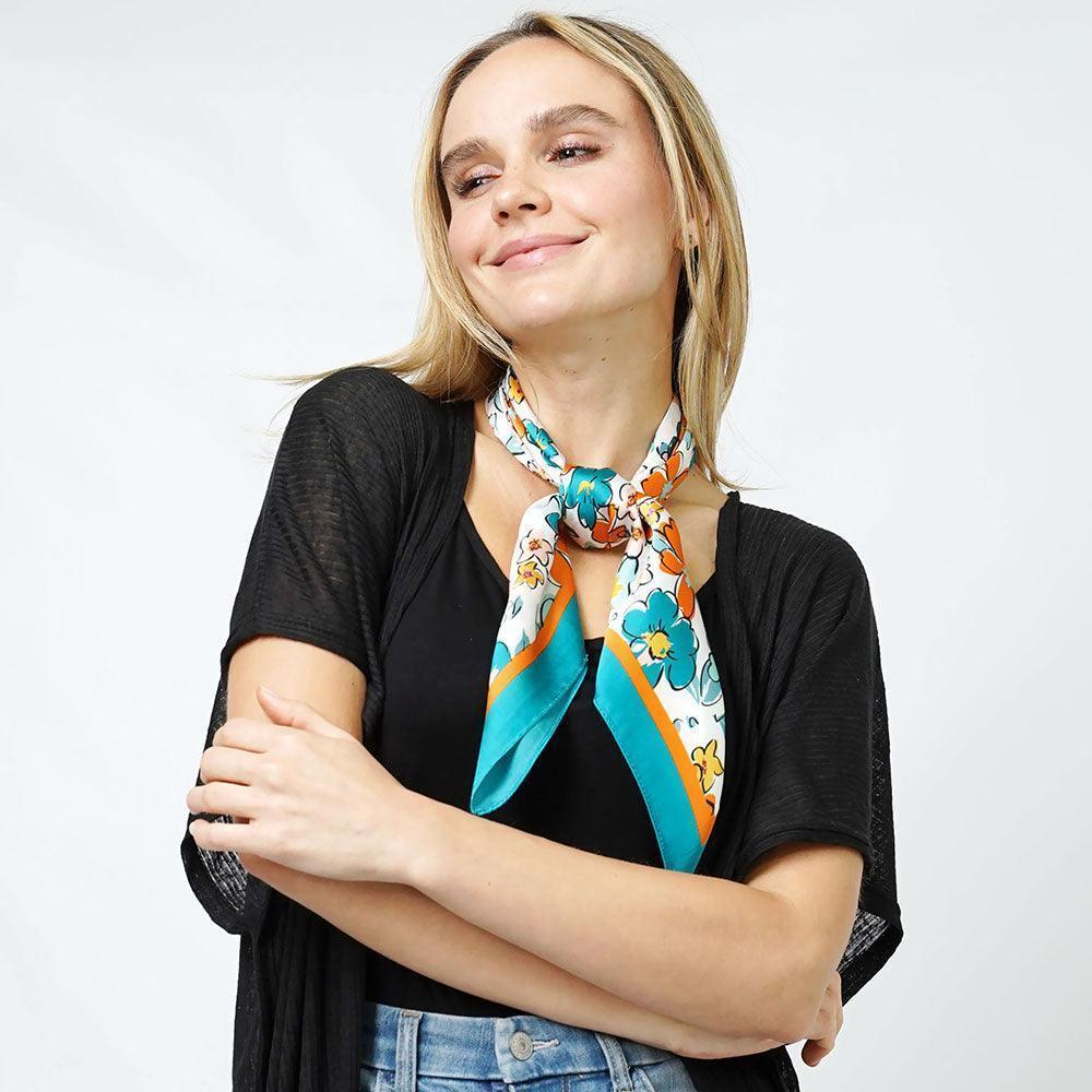 Turquoise Flower Print Satin Square Scarf - Jewelry Store by Erik Rayo