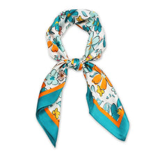 Load image into Gallery viewer, Turquoise Flower Print Satin Square Scarf
