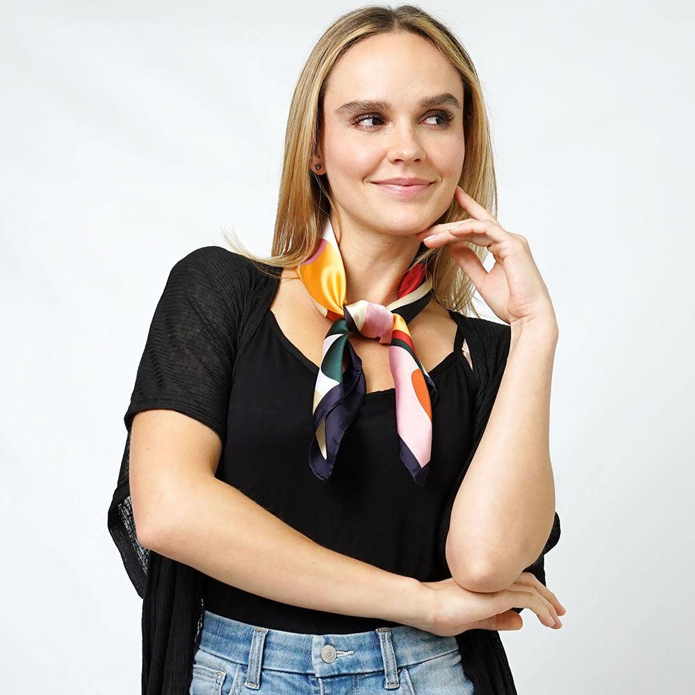 Navy Flower Print Satin Square Scarf