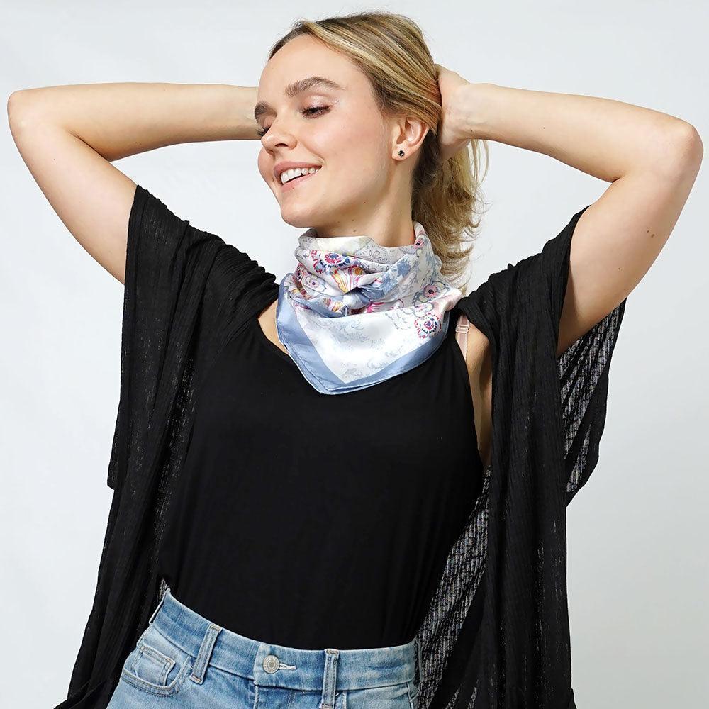 Blue Flower Print Satin Square Scarf - Jewelry Store by Erik Rayo