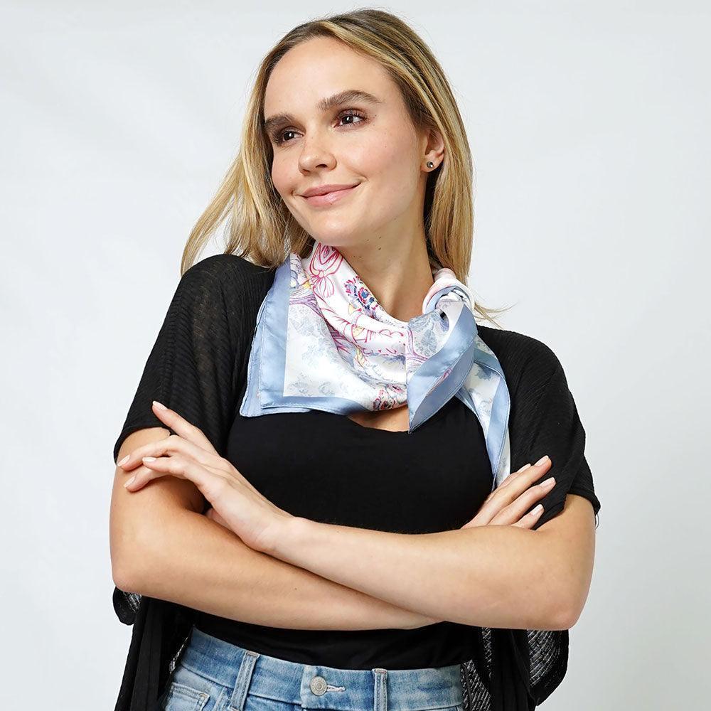Blue Flower Print Satin Square Scarf - Jewelry Store by Erik Rayo