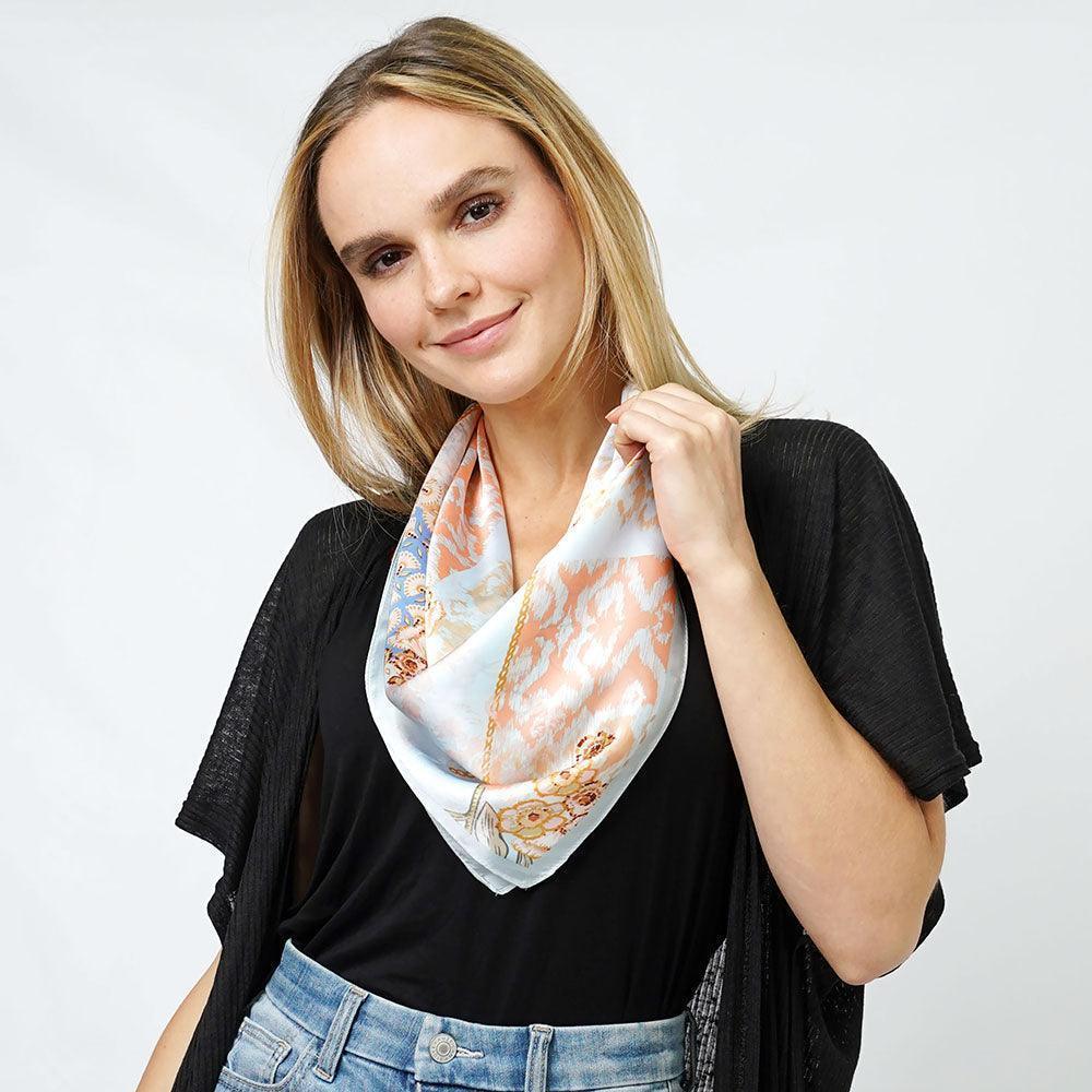 Blue Flower Print Satin Square Scarf - Jewelry Store by Erik Rayo