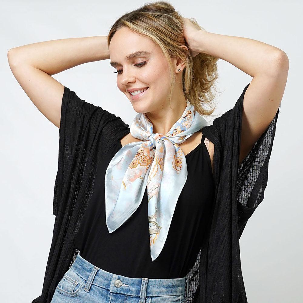Blue Flower Print Satin Square Scarf - Jewelry Store by Erik Rayo