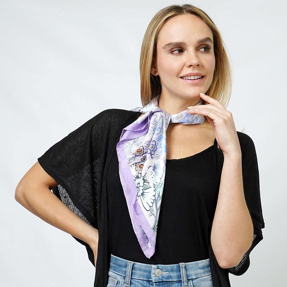 Lavender Flower Print Satin Square Scarf - Jewelry Store by Erik Rayo