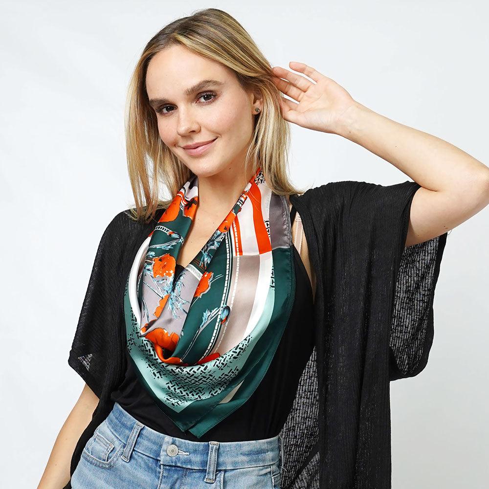 Green Flower Print Satin Square Scarf