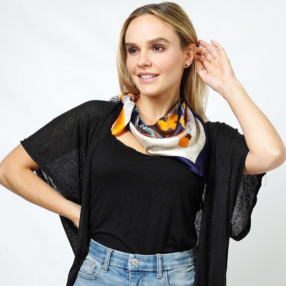 Navy Flower Print Satin Square Scarf - Jewelry Store by Erik Rayo