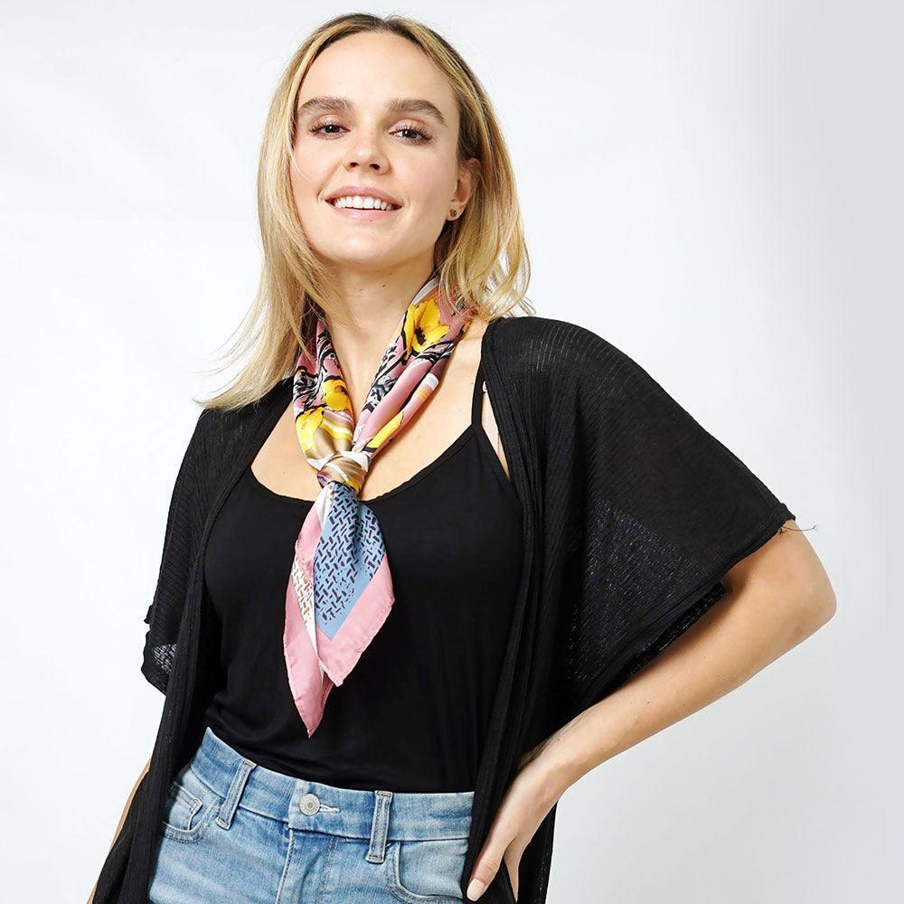Pink Flower Print Satin Square Scarf - Jewelry Store by Erik Rayo
