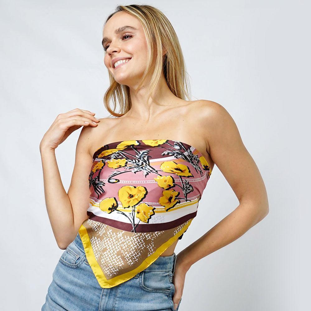 Pink Flower Print Satin Square Scarf - Jewelry Store by Erik Rayo