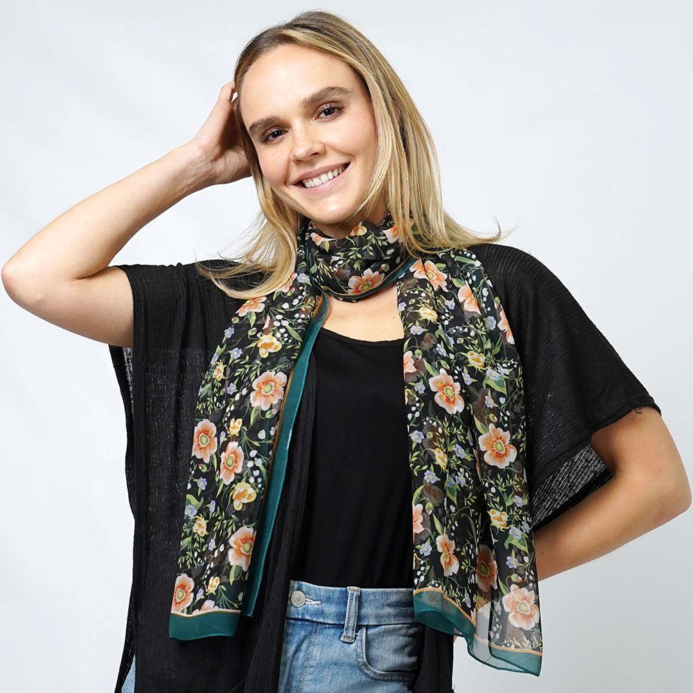 Black Flower Print Chiffon Oblong Scarf