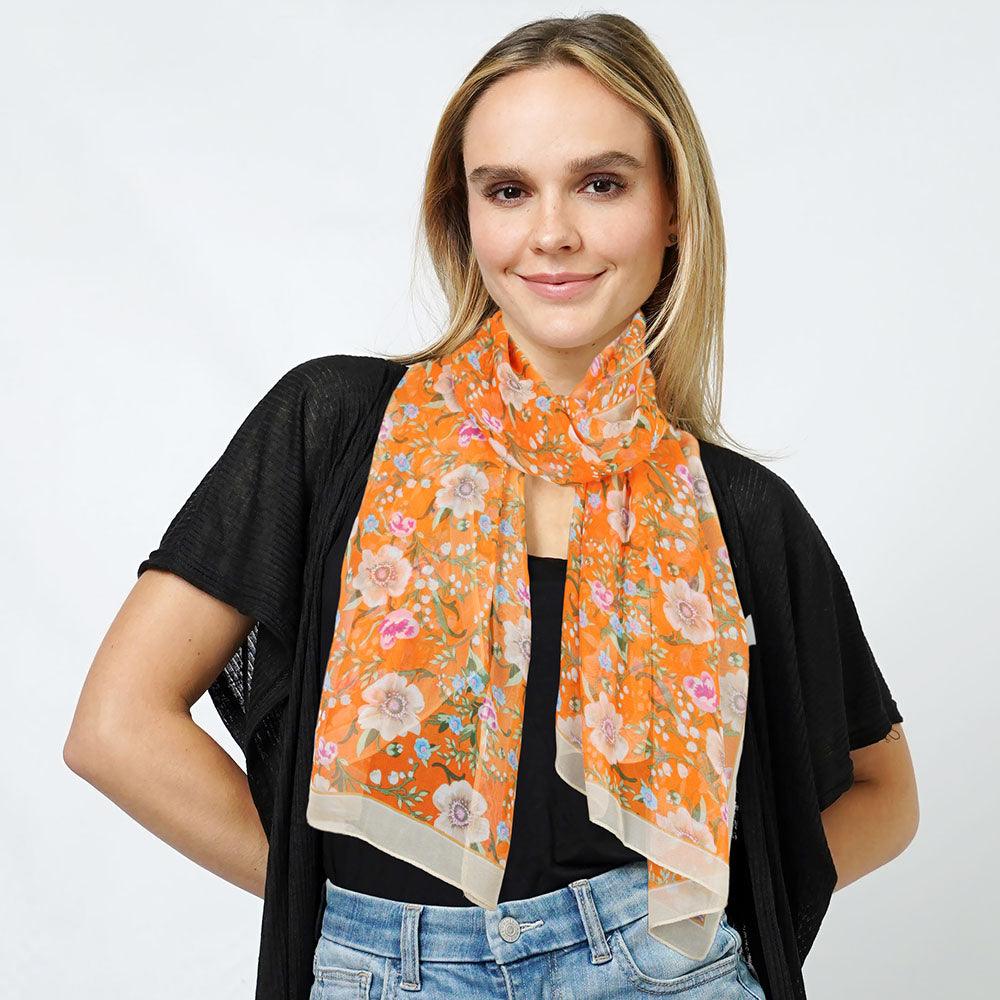 Orange Flower Print Chiffon Oblong Scarf