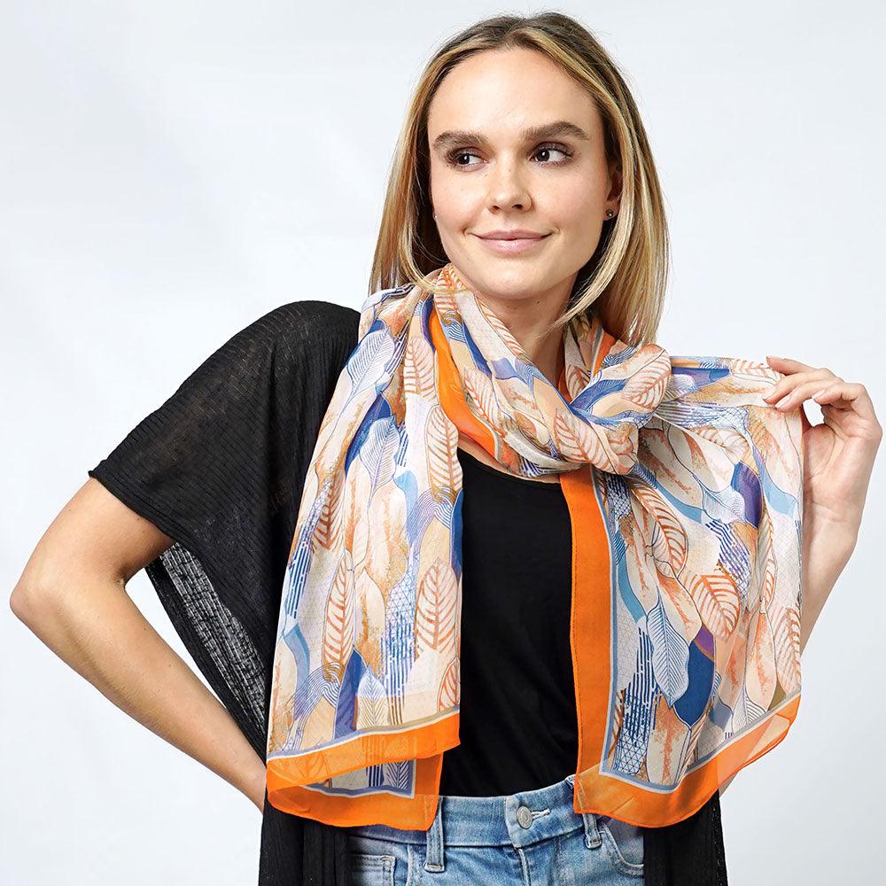 Orange Leaf Print Chiffon Oblong Scarf