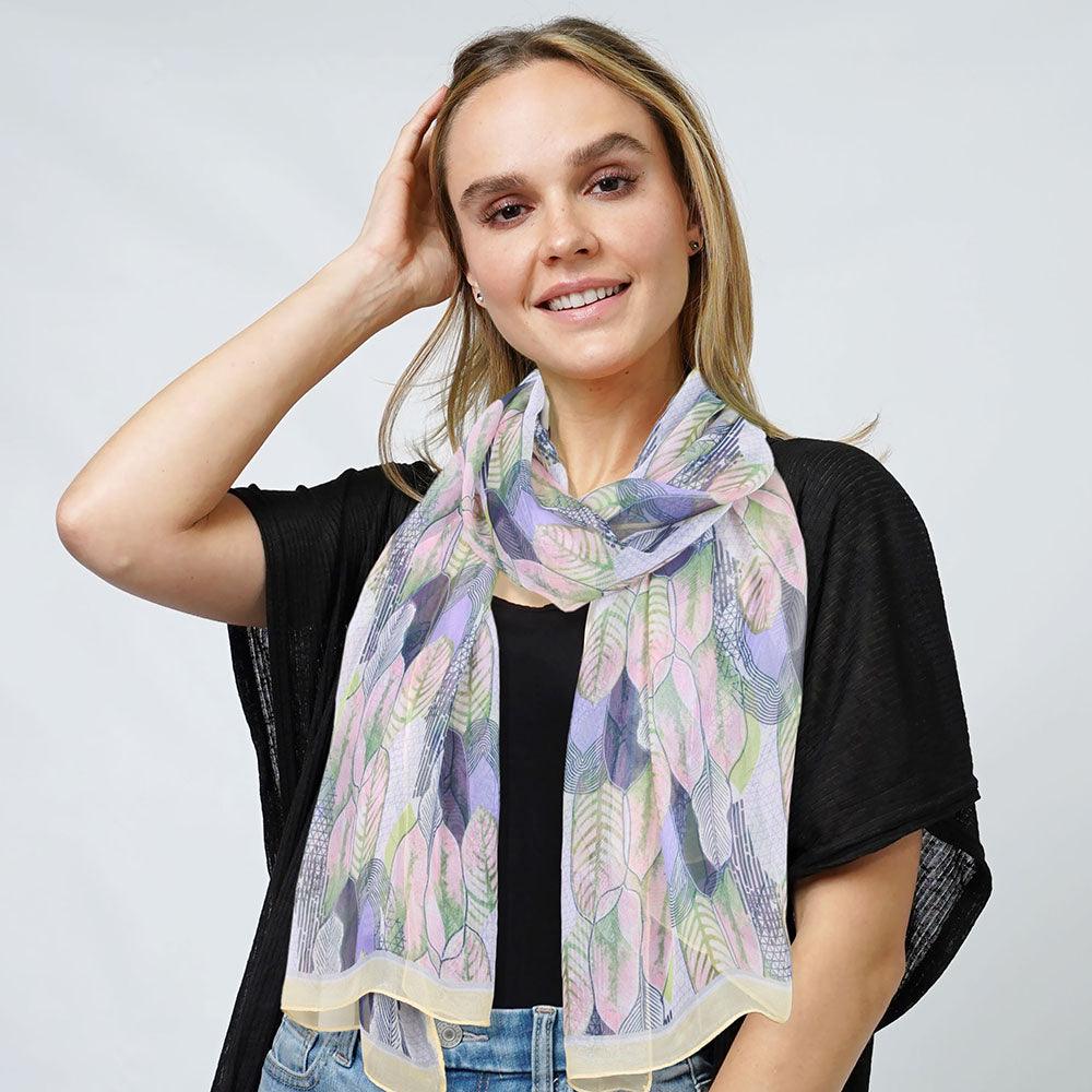 Yellow Leaf Print Chiffon Oblong Scarf