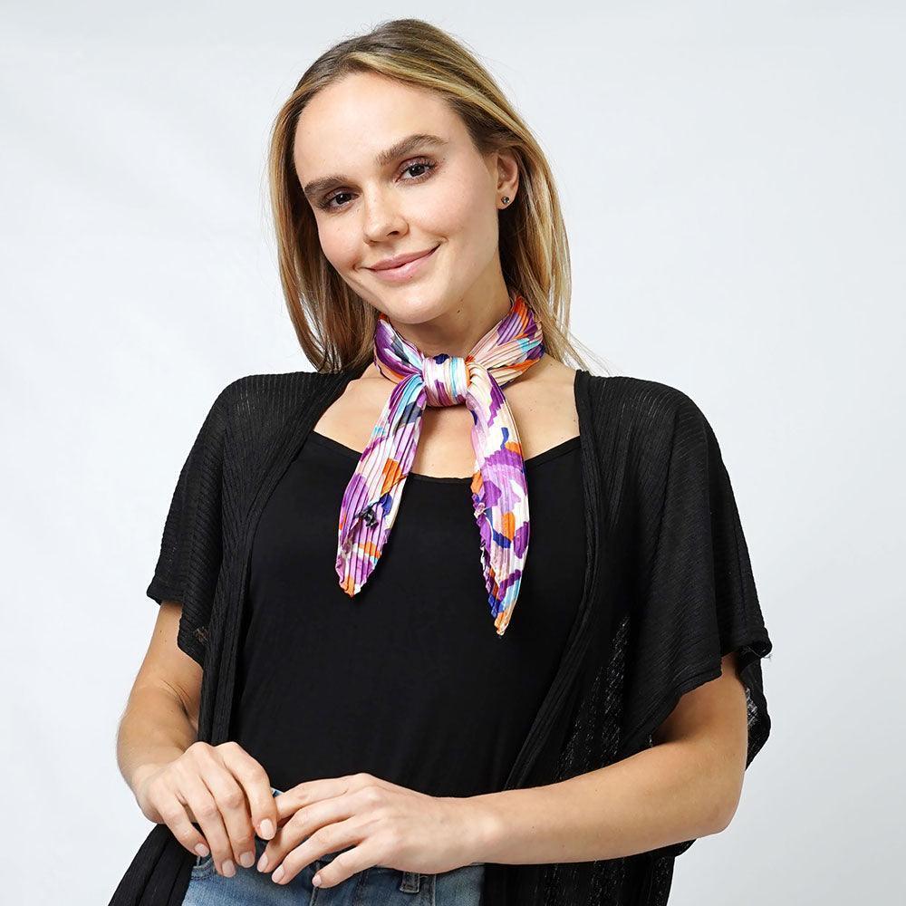 Purple Floral Satin Pleated Square Scarf - Jewelry Store by Erik Rayo