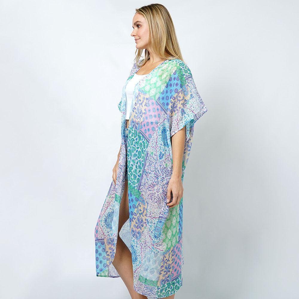 Blue Patchwork Print Lurex Kimono Poncho - Jewelry Store by Erik Rayo