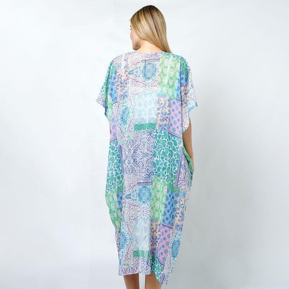 Blue Patchwork Print Lurex Kimono Poncho - Jewelry Store by Erik Rayo