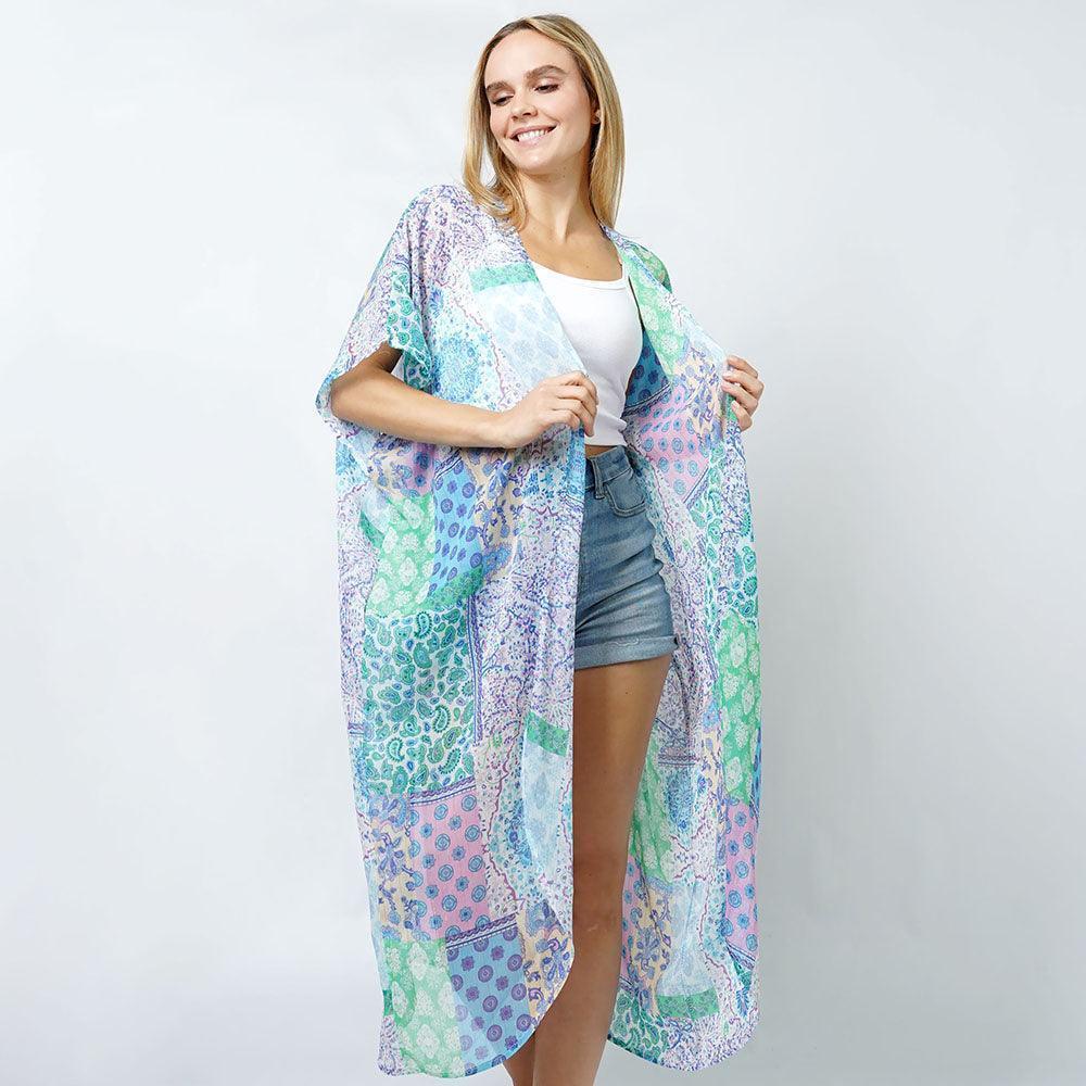 Blue Patchwork Print Lurex Kimono Poncho - Jewelry Store by Erik Rayo