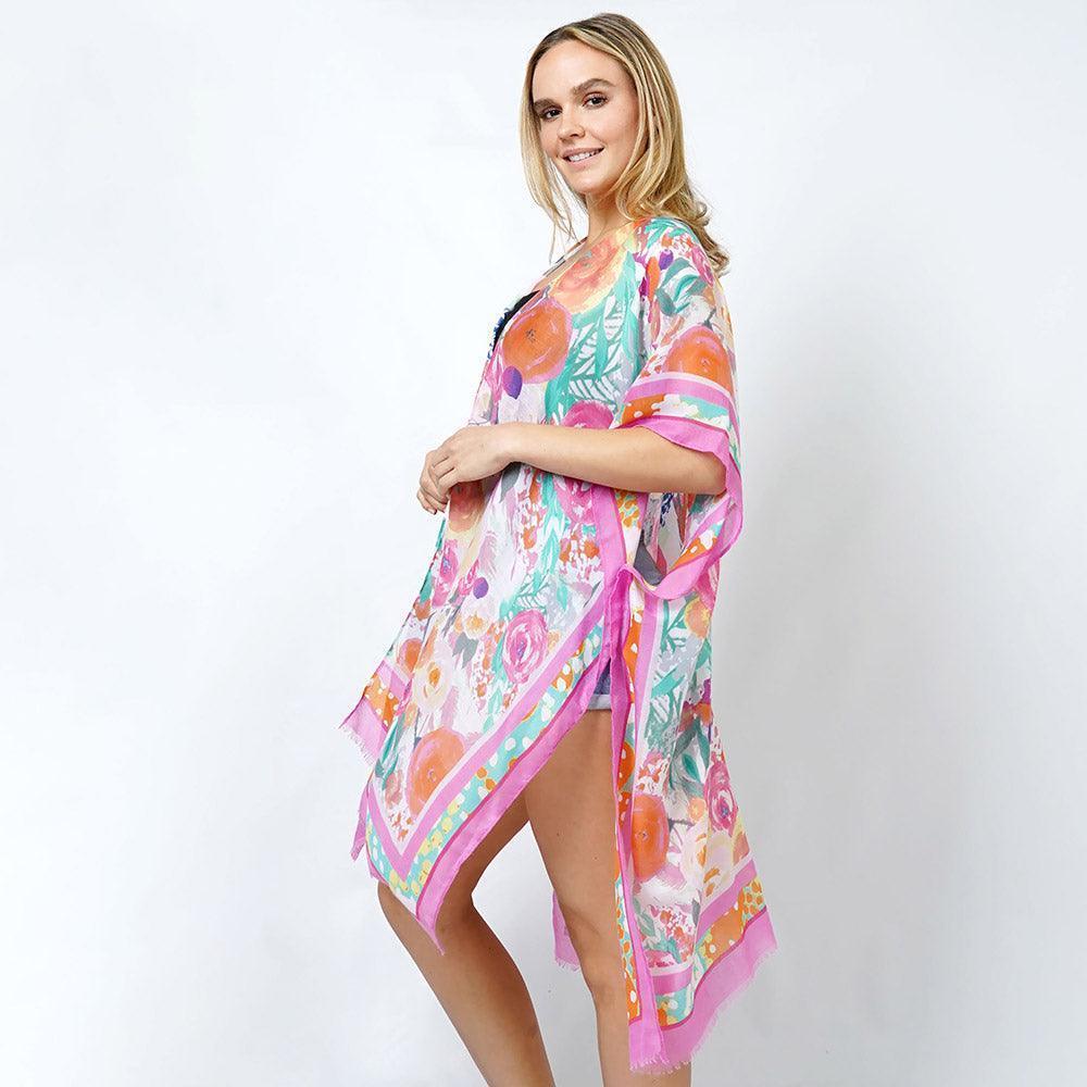 Pink Flower Print Kimono Poncho - Jewelry Store by Erik Rayo