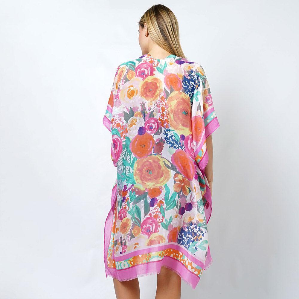 Pink Flower Print Kimono Poncho - Jewelry Store by Erik Rayo