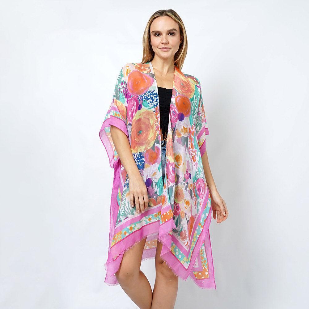 Pink Flower Print Kimono Poncho - Jewelry Store by Erik Rayo