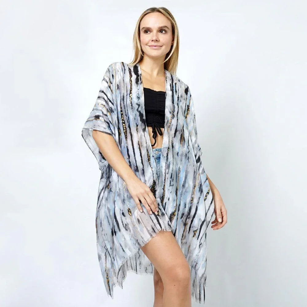 Black Abstract Foil Print Kimono Poncho - Jewelry Store by Erik Rayo