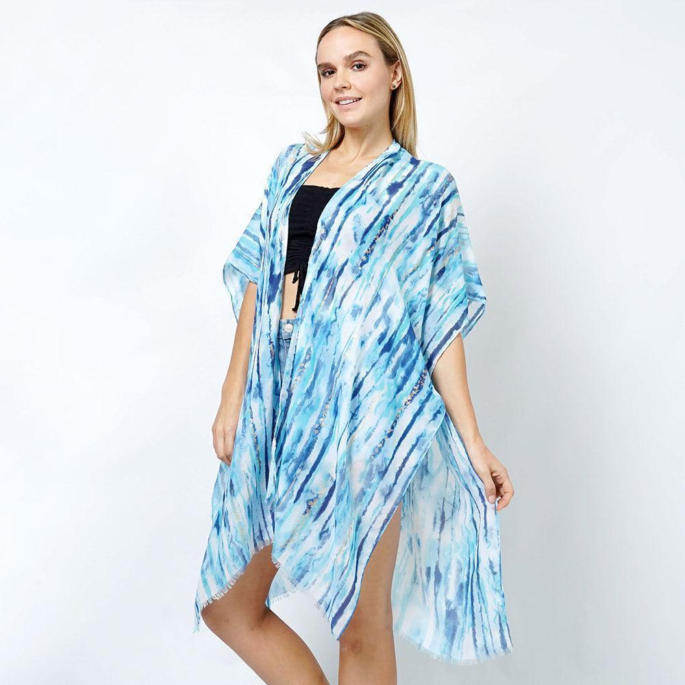 Blue Abstract Foil Print Kimono Poncho - Jewelry Store by Erik Rayo