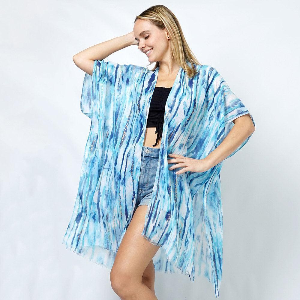 Blue Abstract Foil Print Kimono Poncho - Jewelry Store by Erik Rayo