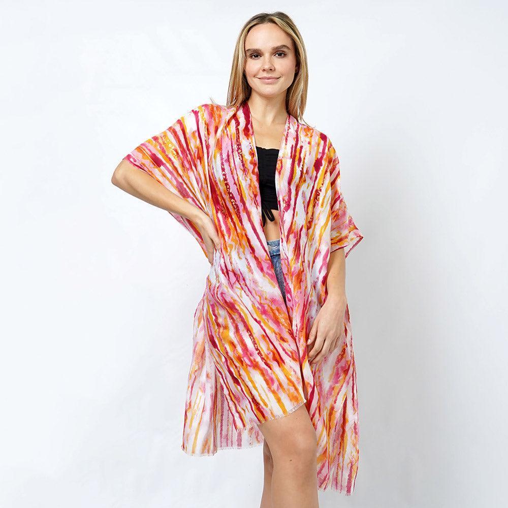 Coral Abstract Foil Print Kimono Poncho - Jewelry Store by Erik Rayo