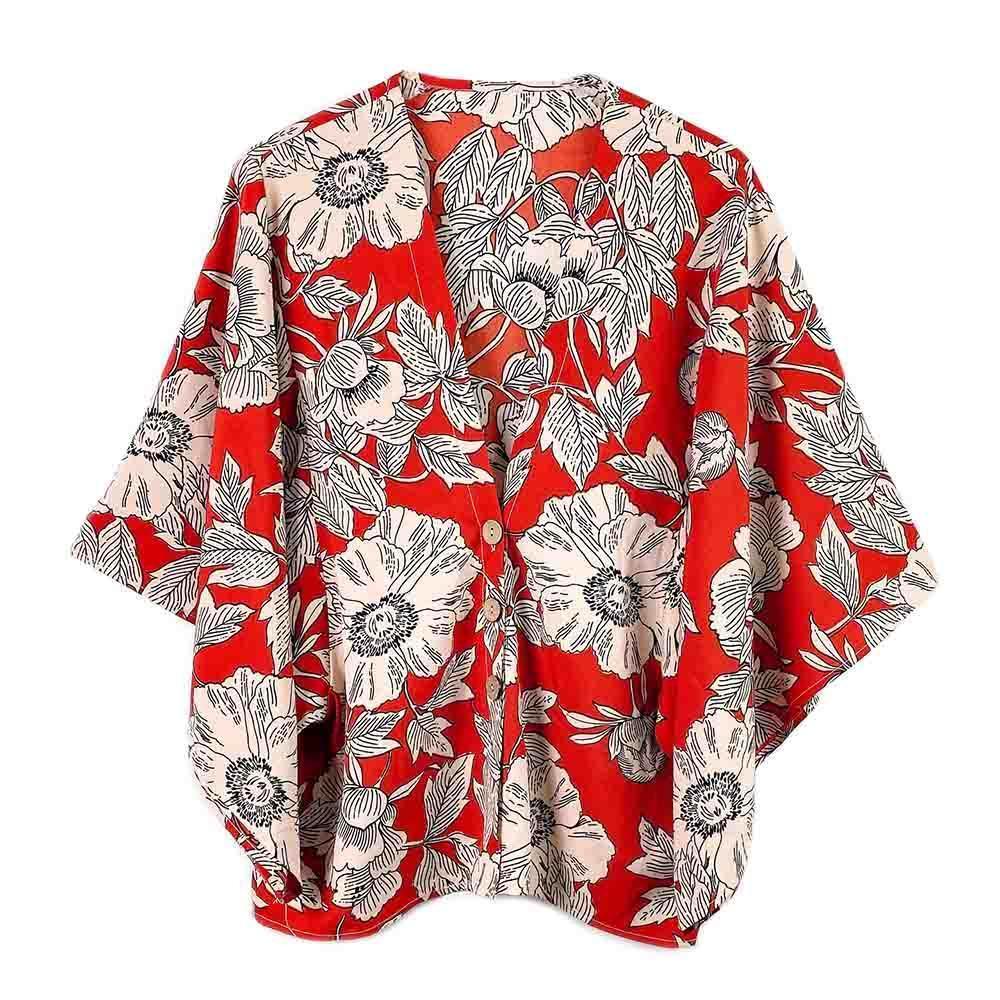 Red Floral Print Button Down Kimono Poncho - Jewelry Store by Erik Rayo