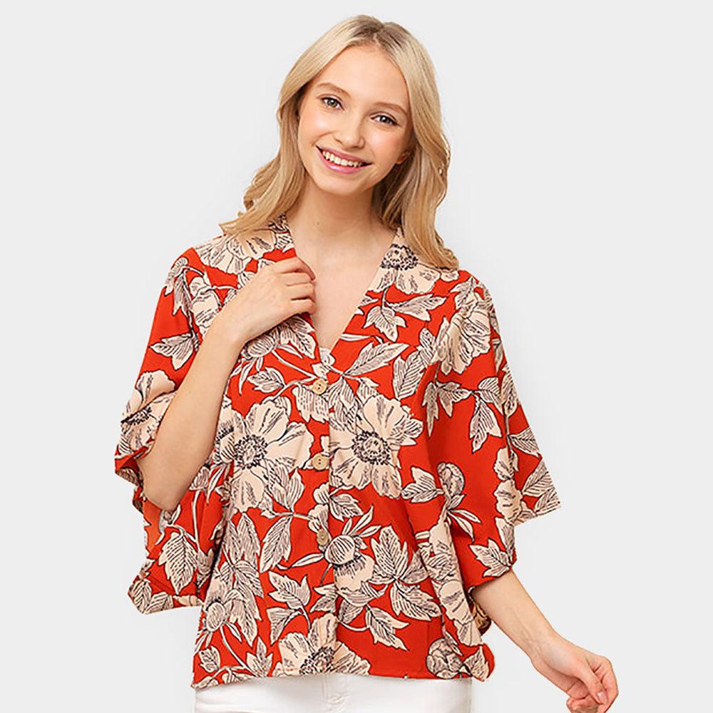 Red Floral Print Button Down Kimono Poncho