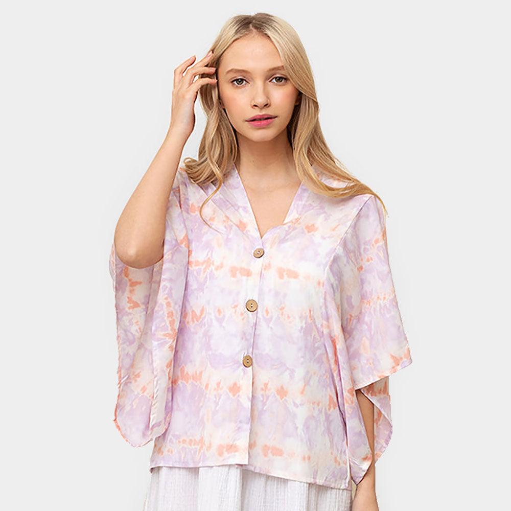 Lavender Tie Eye Button Down Kimono Poncho