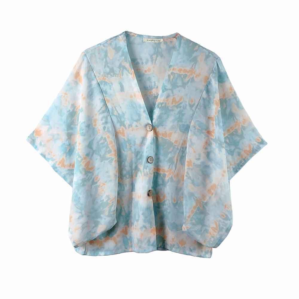 Blue Tie Eye Button Down Kimono Poncho - Jewelry Store by Erik Rayo