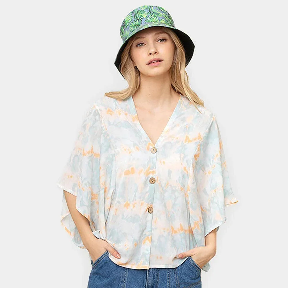 Blue Tie Eye Button Down Kimono Poncho - Jewelry Store by Erik Rayo