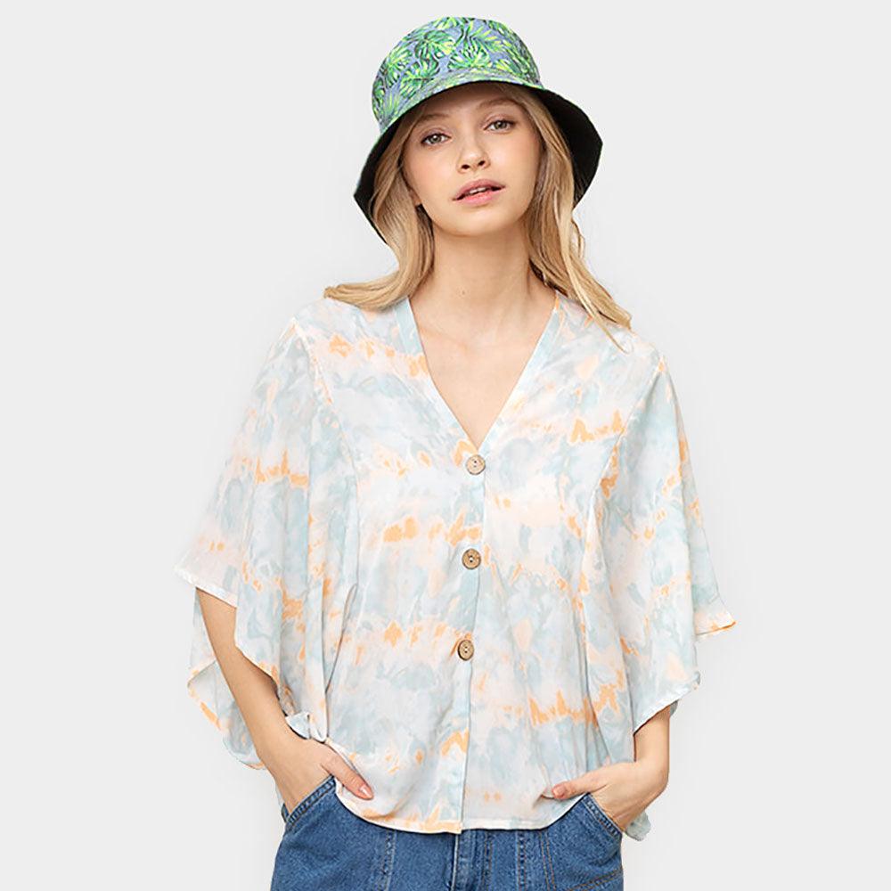 Blue Tie Eye Button Down Kimono Poncho