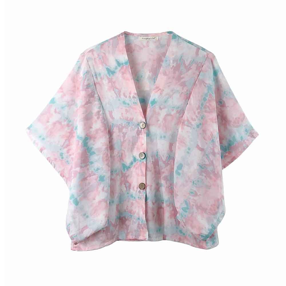 Pink Tie Eye Button Down Kimono Poncho - Jewelry Store by Erik Rayo