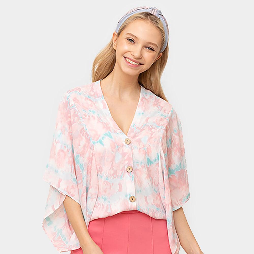 Pink Tie Eye Button Down Kimono Poncho