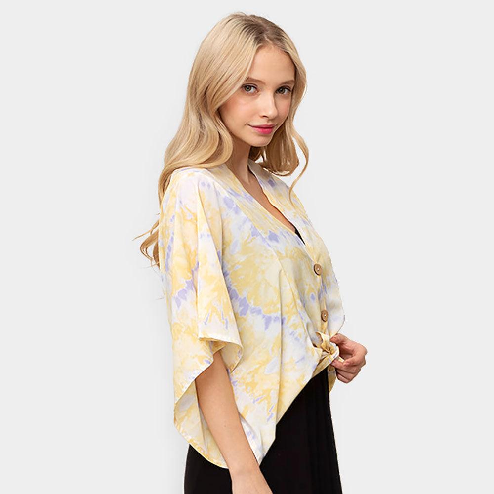 Yellow Tie Eye Button Down Kimono Poncho