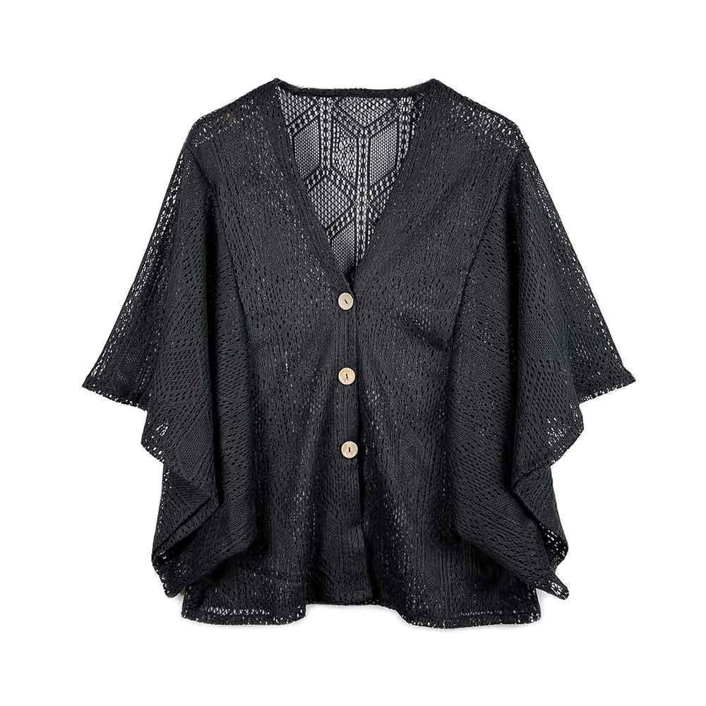 Black Geometric Pattern Knit Button Down Kimono Poncho - Jewelry Store by Erik Rayo