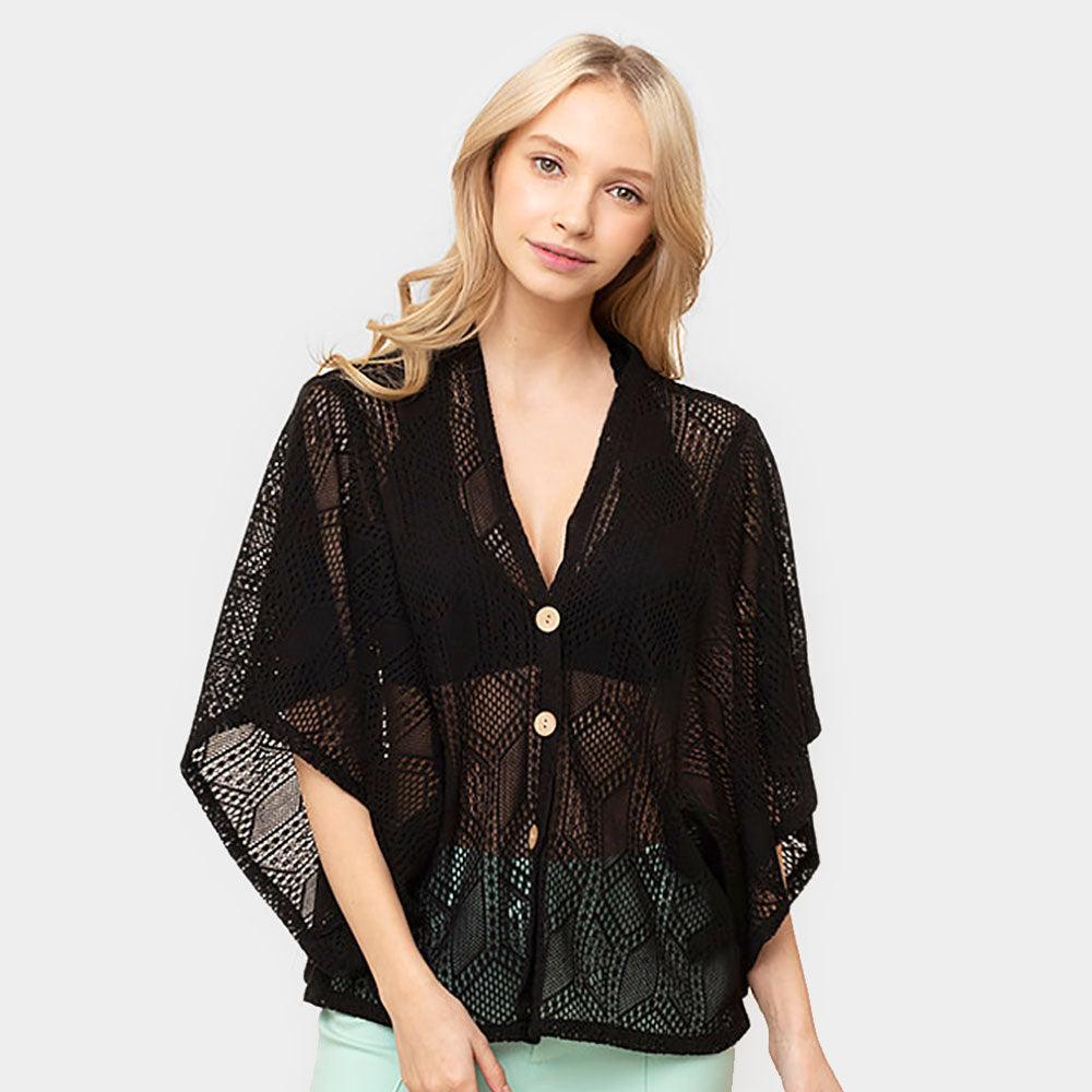 Black Geometric Pattern Knit Button Down Kimono Poncho