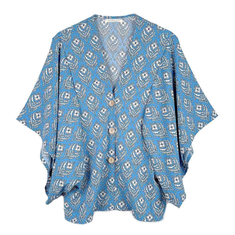 Blue Floral Print Button Down Kimono Poncho - Jewelry Store by Erik Rayo