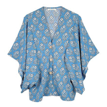 Load image into Gallery viewer, Blue Floral Print Button Down Kimono Poncho
