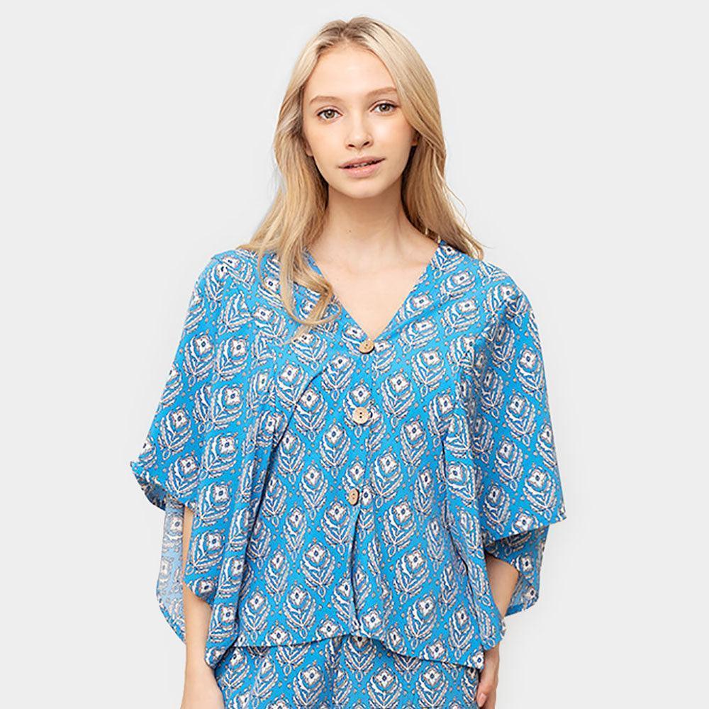 Blue Floral Print Button Down Kimono Poncho - Jewelry Store by Erik Rayo