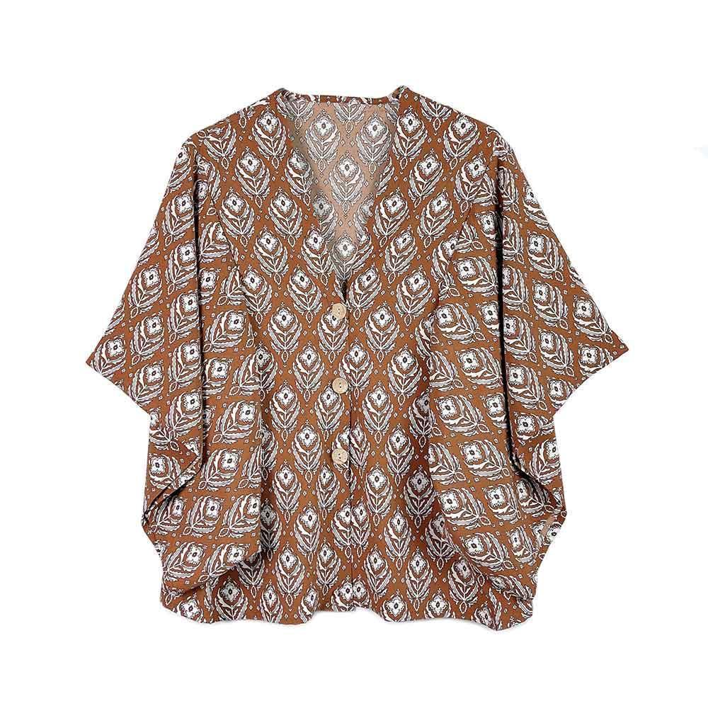 Brown Floral Print Button Down Kimono Poncho - Jewelry Store by Erik Rayo