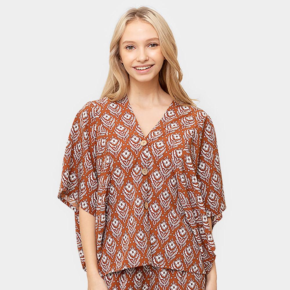 Brown Floral Print Button Down Kimono Poncho