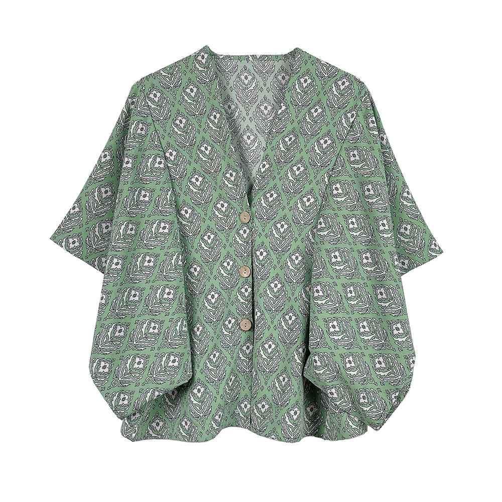 Green Floral Print Button Down Kimono Poncho - Jewelry Store by Erik Rayo