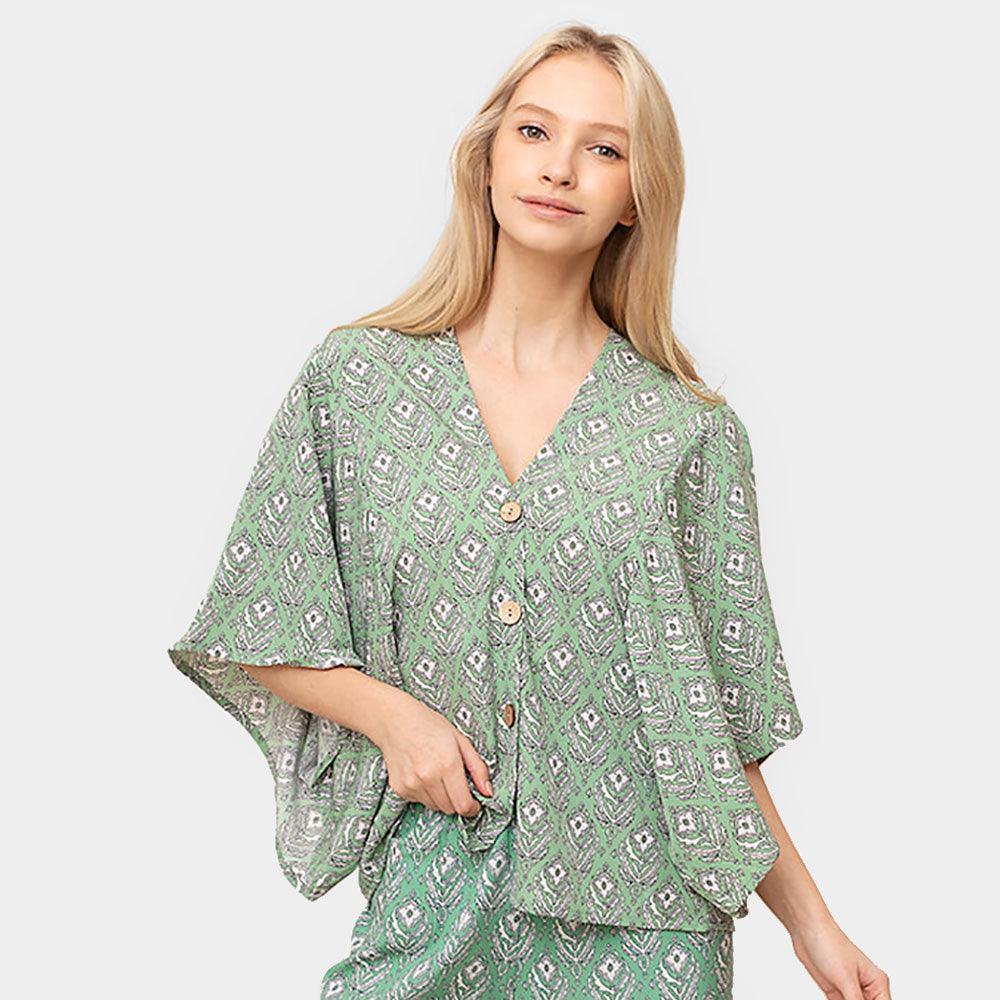 Green Floral Print Button Down Kimono Poncho - Jewelry Store by Erik Rayo